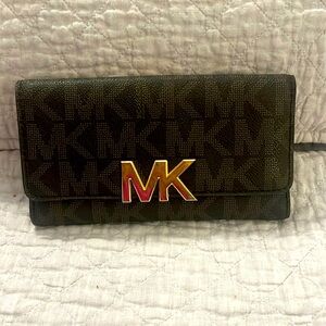 Michael Kors Bi-Fold Wallet Logo Print Brown Gold MK